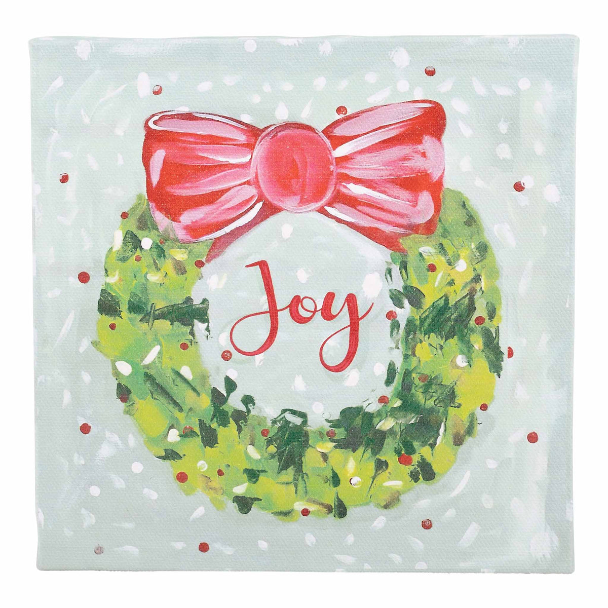 Christmas-themed canvas with a wreath, pink bow, and 'Joy' text on a light blue background.
