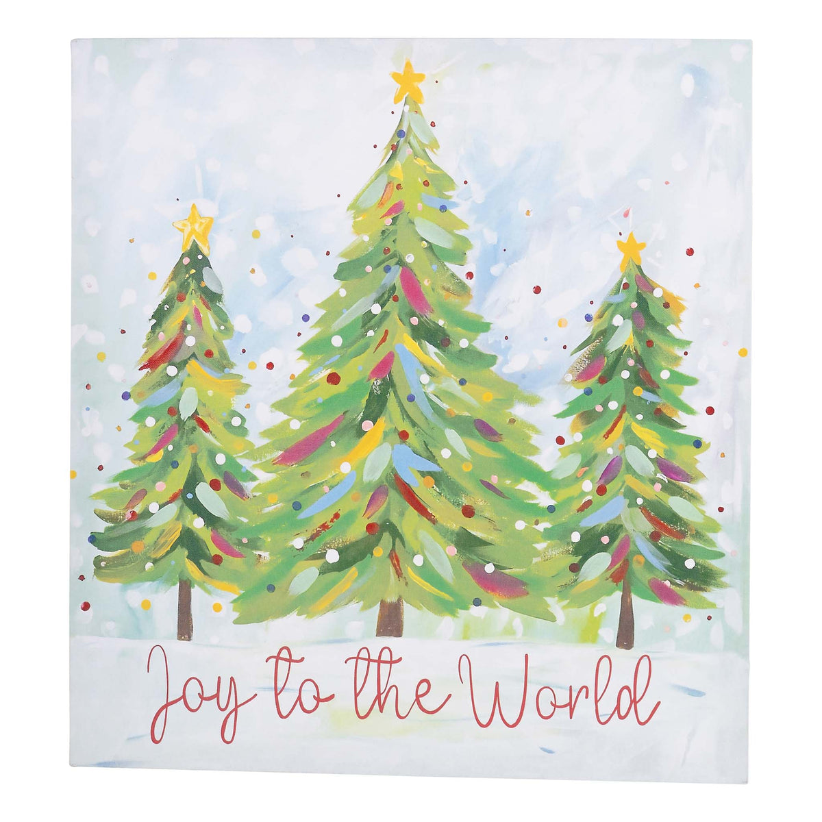 Canvas with three decorated trees and 'Joy to the World' text on a light blue background.