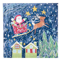 Illustration of Santa Claus in a sleigh with a reindeer flying over houses and trees at night.