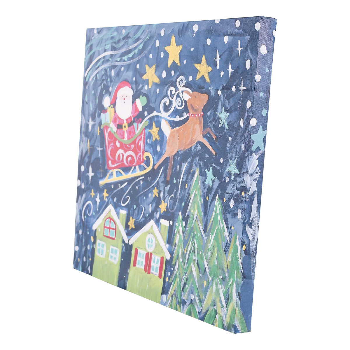 Canvas print with Christmas scene featuring Santa Claus, reindeer, and houses on a blue background.