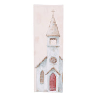 Painting of a church with a steeple on a white background