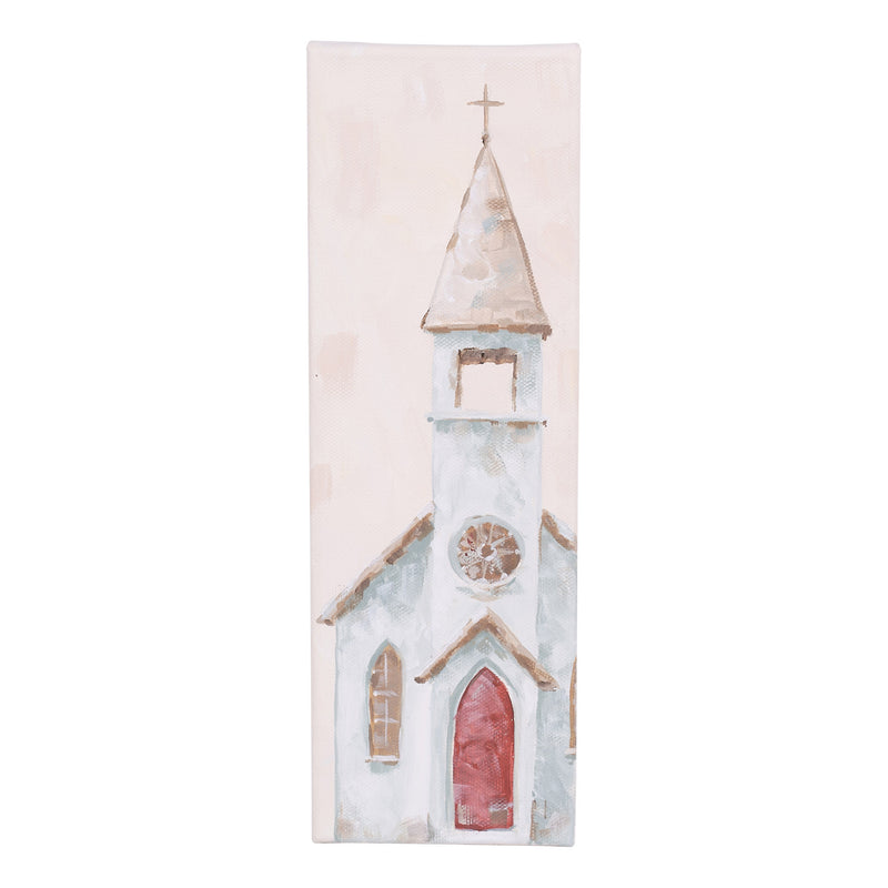 Painting of a church with a steeple on a white background
