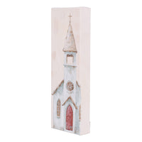 Decorative wall art of a church with a steeple on a white background