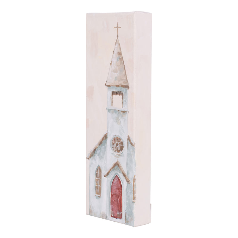 Decorative wall art of a church with a steeple on a white background