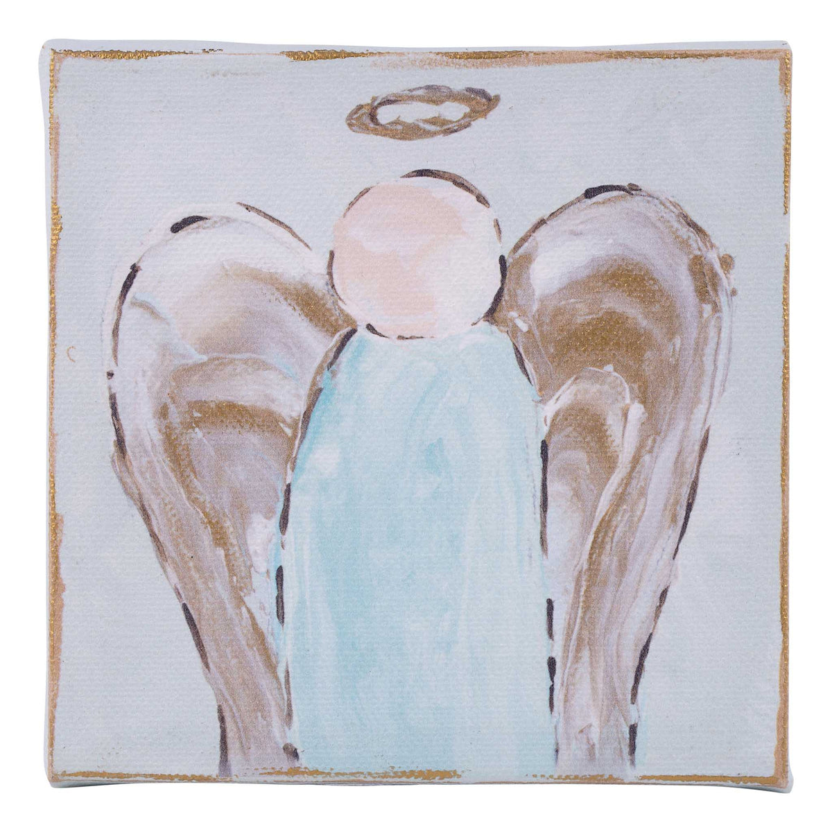 Painted angel figure with wings and a halo on a textured background