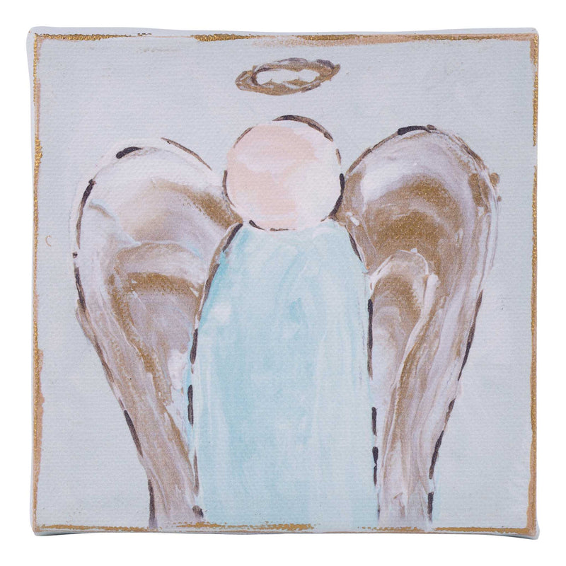 Painted angel figure with wings and a halo on a textured background