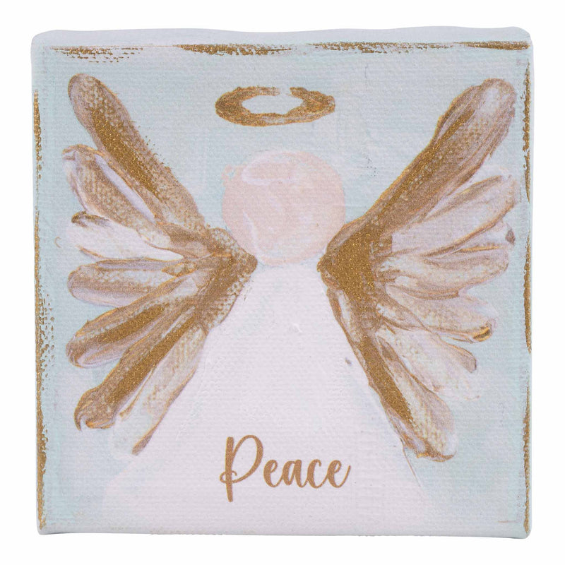 Decorative angel pillow with gold wings and 'Peace' text on a light blue background