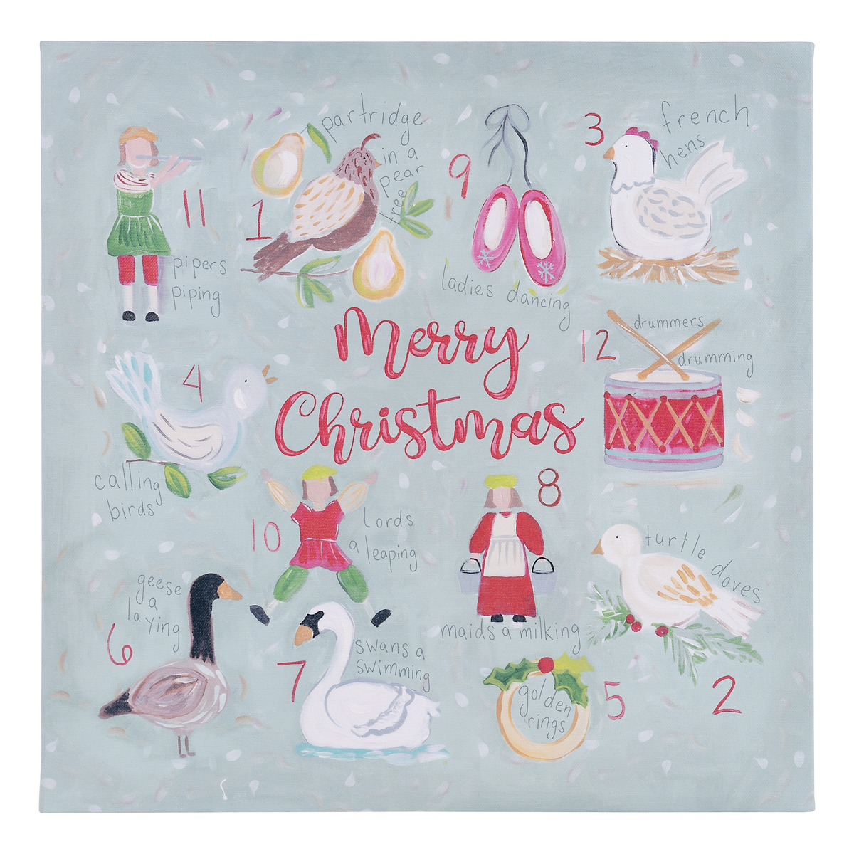 Illustrated Christmas scene with various elements and numbers on a light blue background