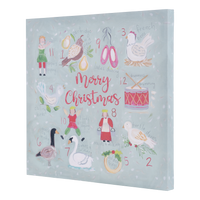 Decorative Christmas advent calendar with illustrations and numbers on a light blue background.