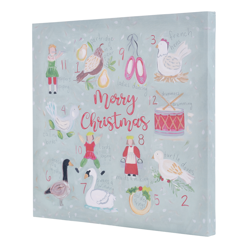 Decorative Christmas advent calendar with illustrations and numbers on a light blue background.