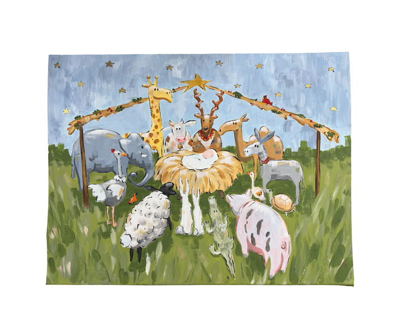 Illustration of various animals around a baby in a crib with a starry sky background.