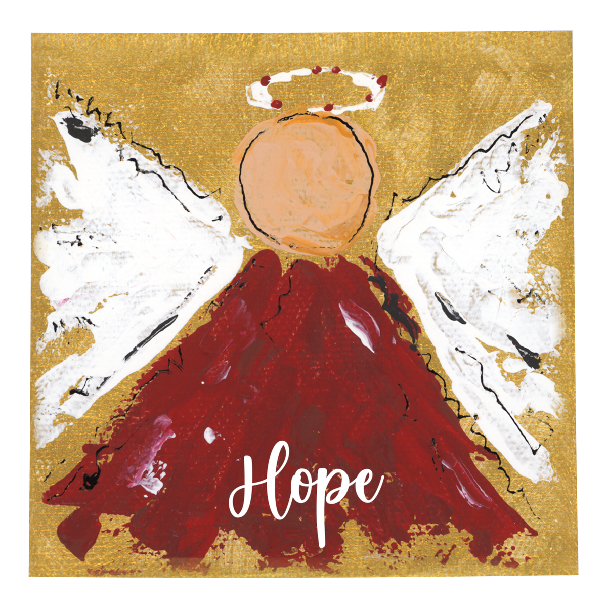 Artistic depiction of an angel with a red robe and 'Hope' text on a gold background
