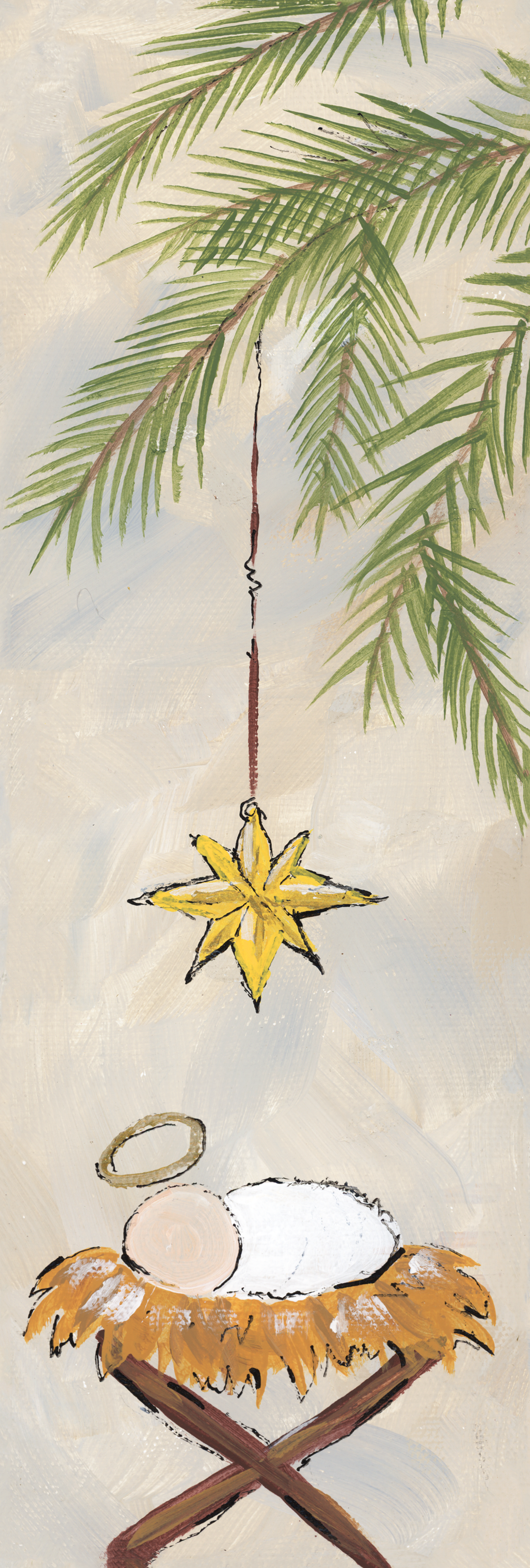 Decorative Christmas ornament of a star and manger scene with greenery.