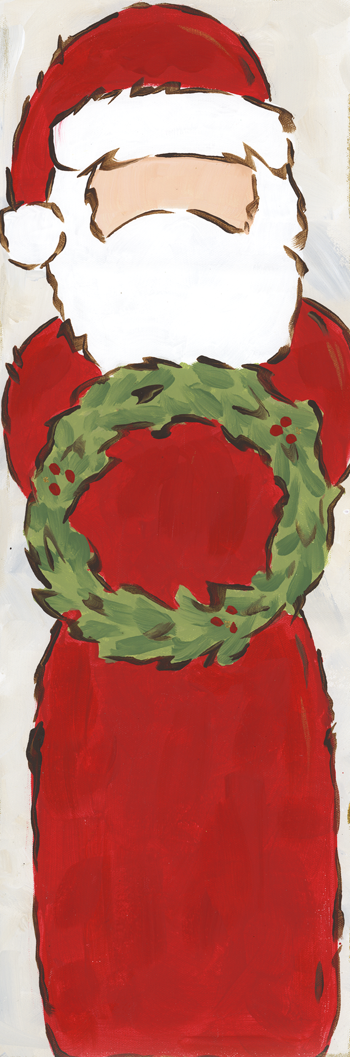 Cartoon-like illustration of Santa Claus with a green wreath on a white background
