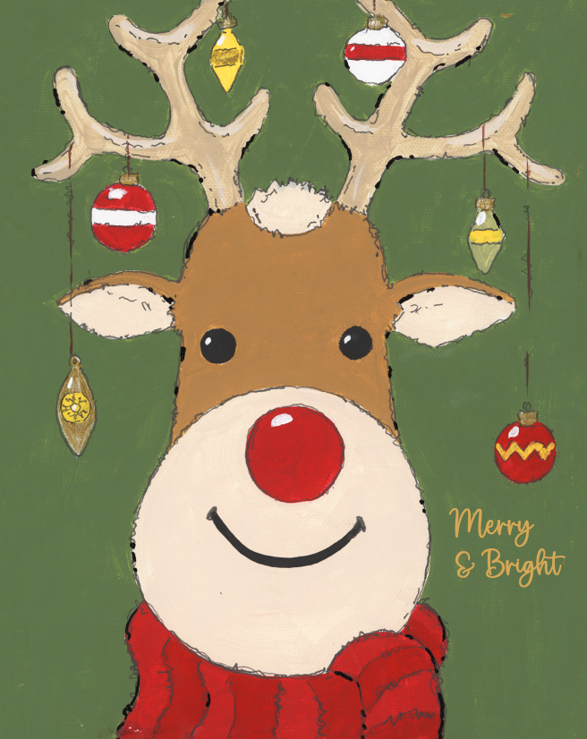 Cartoon reindeer with ornaments on a green background, featuring 'Merry & Bright' text.