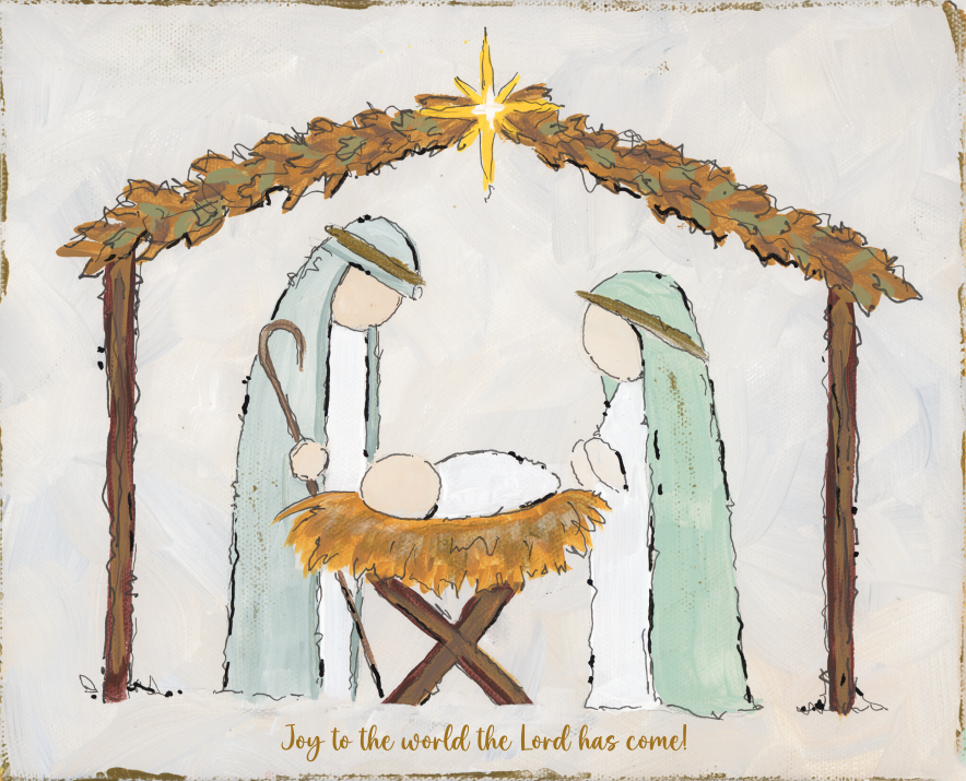 Illustration of a nativity scene with Mary, Joseph, and baby Jesus under a starry arch.