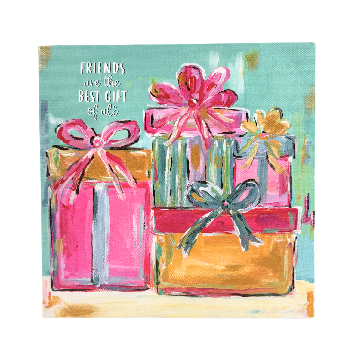 canvas with colorful gift boxes and bows on a light blue background, featuring the text 'Friends are the best gift of all'.
