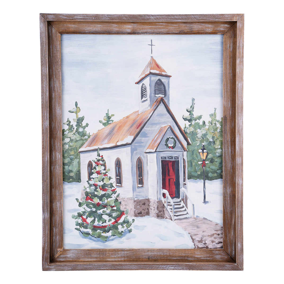 Red Door Christmas Church Framed Canvas