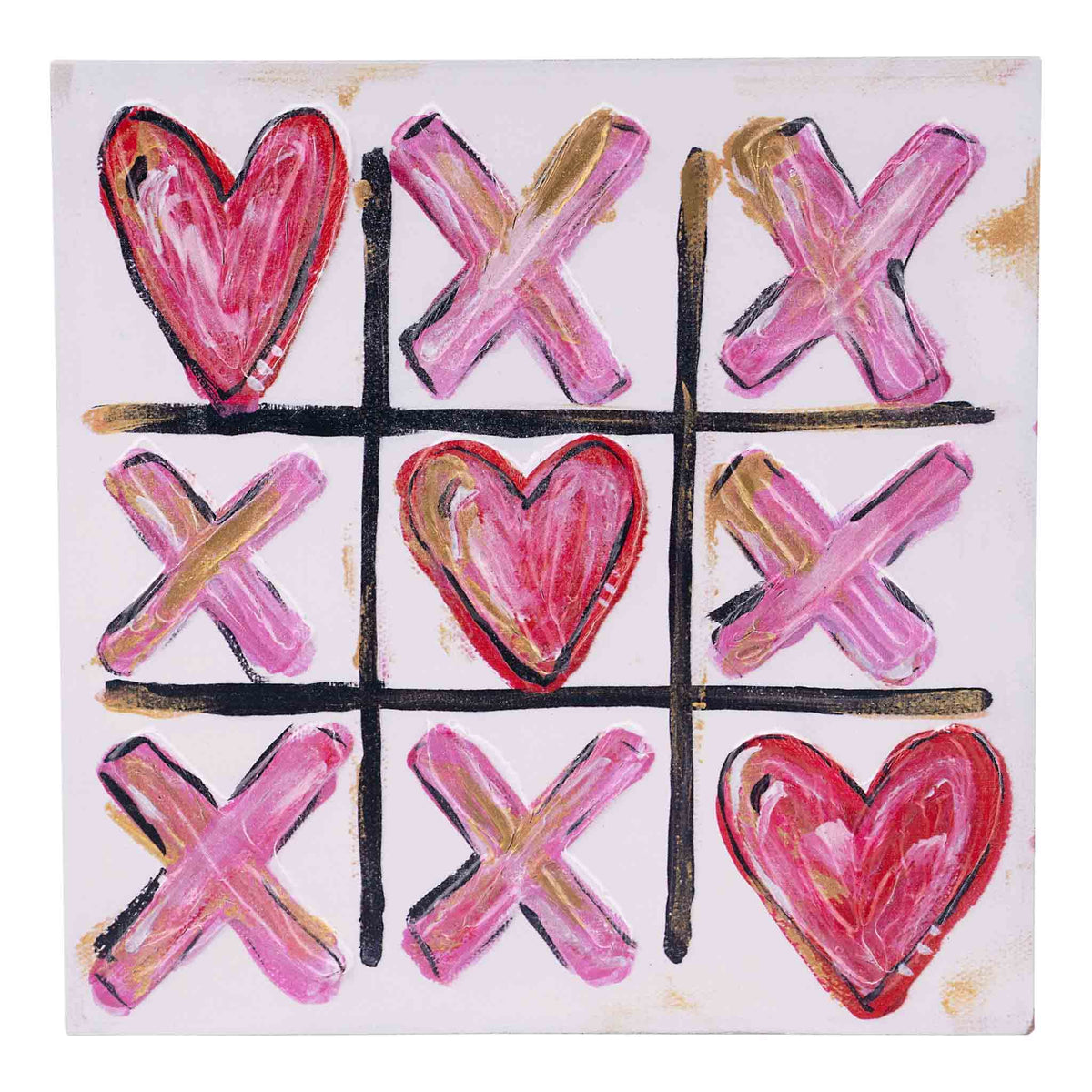 Tic-tac-toe game illustration with hearts and 'X' symbols on a white background