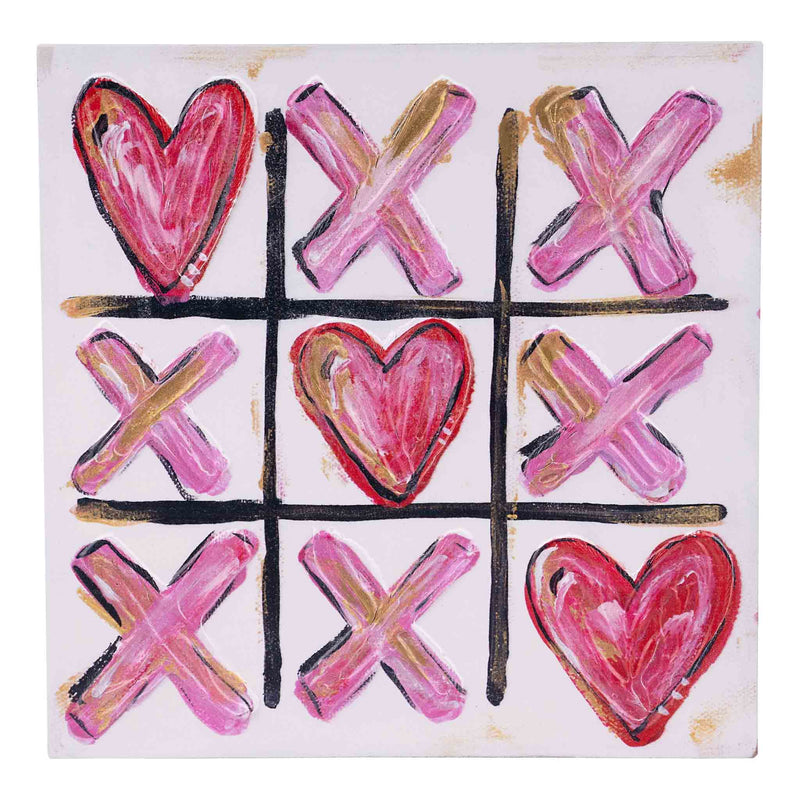 Tic-tac-toe game illustration with hearts and 'X' symbols on a white background