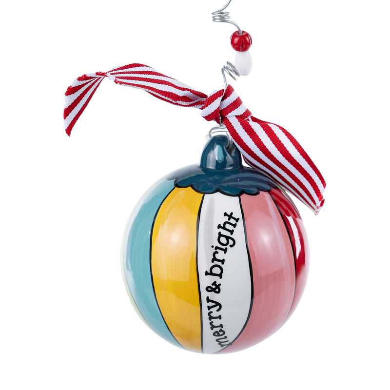 Merry & Bright Vintage Ornament, ball with teal, yellow, pink and white stripes reading 'merry & bright'