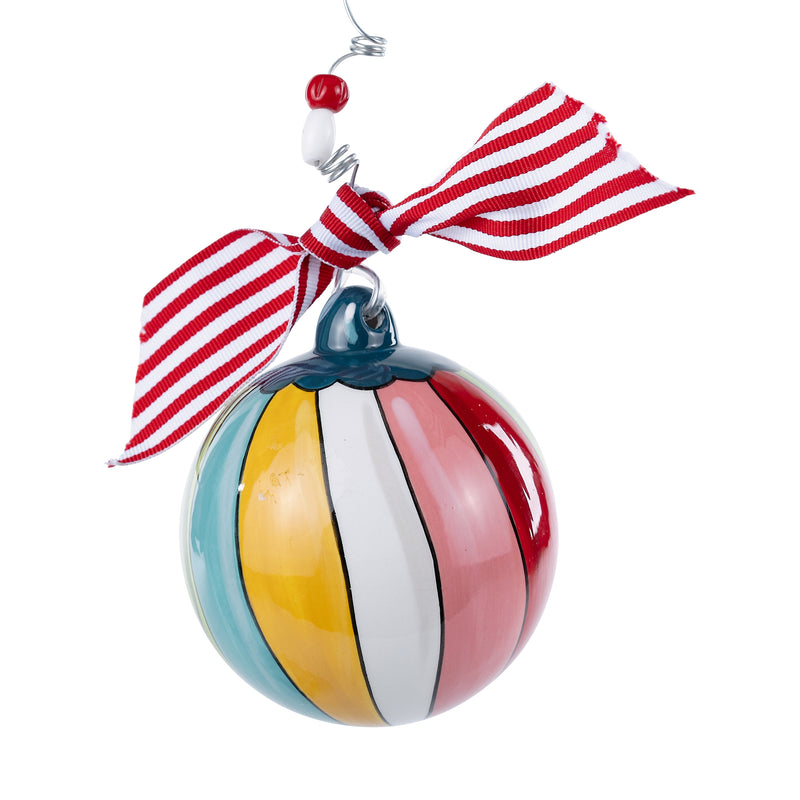 Merry & Bright Vintage Ornament rotated view showing pastel vertical stripes and navy cap with striped ribbon