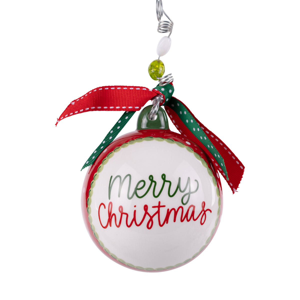 Christmas ornament with 'Merry Christmas' text and festive ribbons on a white background
