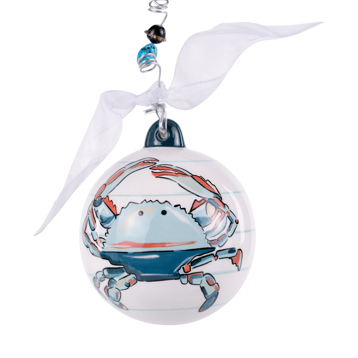 Decorative Christmas ornament with a blue crab design on a white background