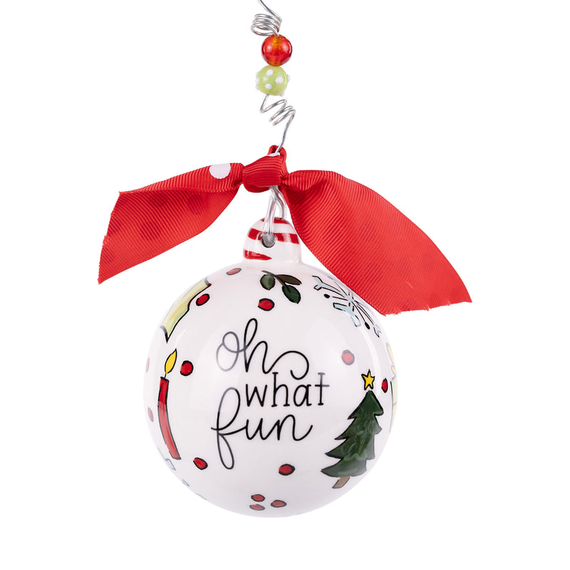 Christmas ornament with 'Oh what fun' text and festive design on a white background