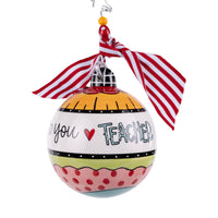 Colorful ornament with 'I love you teacher' text and a red and white striped ribbon on a white background
