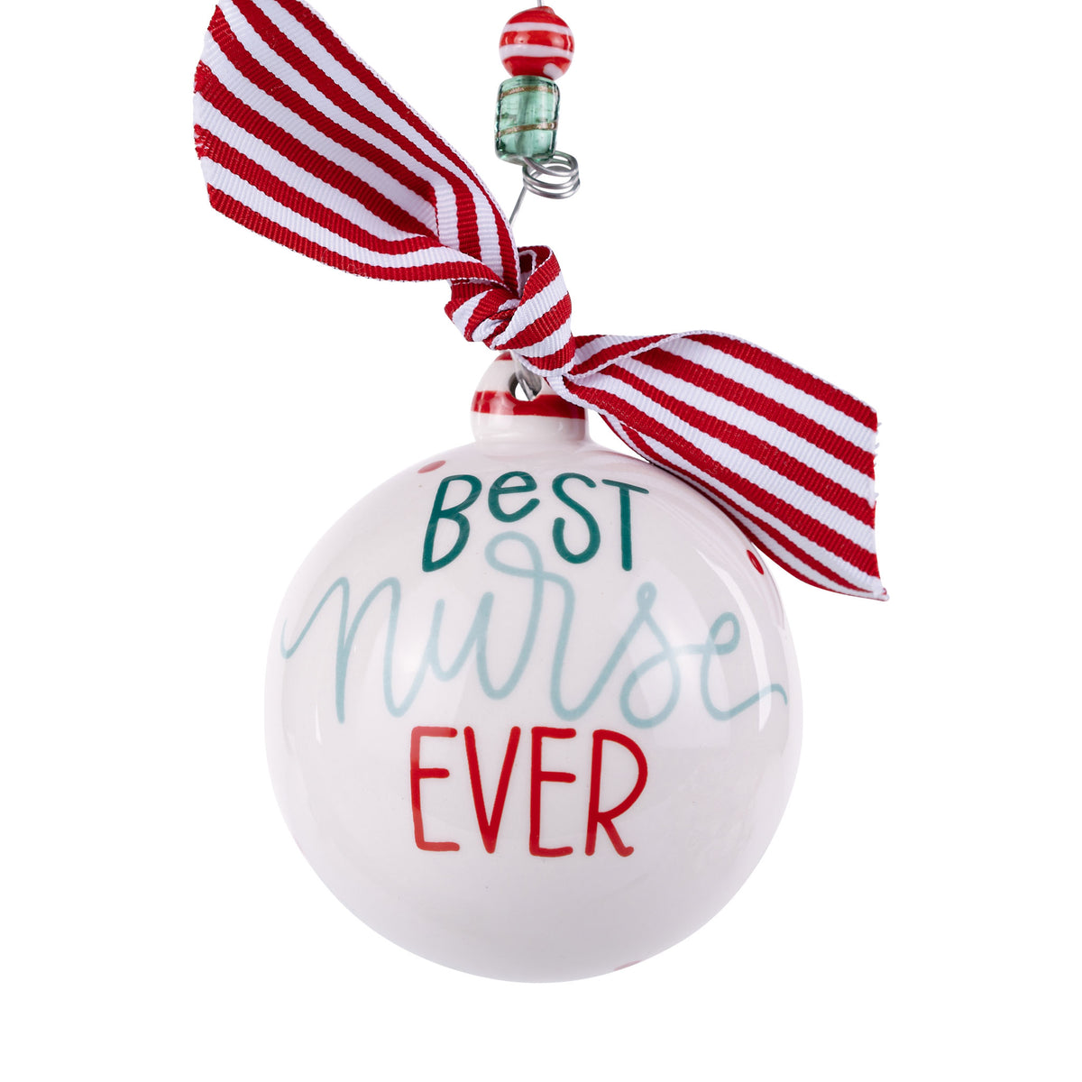 Round ornament with 'Best Nurse Ever' text and red and white striped ribbon on a white background