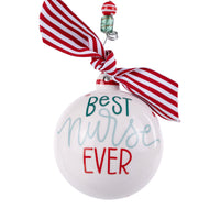 Round ornament with 'Best Nurse Ever' text and red and white striped ribbon on a white background