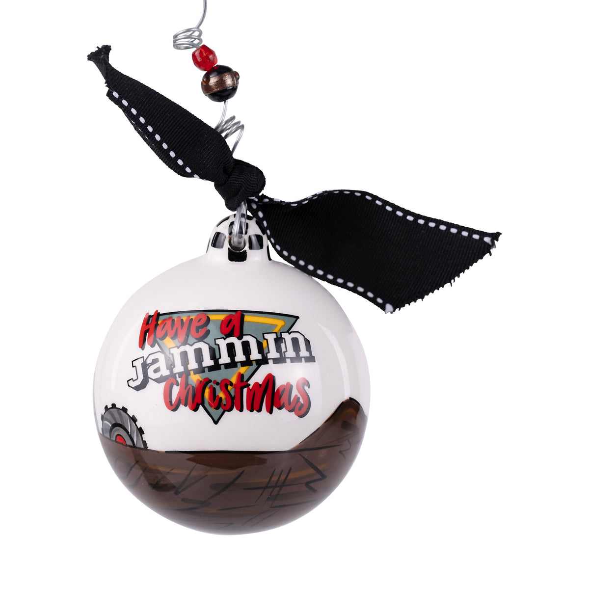 Decorative Christmas ball ornament with text and black ribbon on a white background