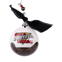 Decorative Christmas ball ornament with text and black ribbon on a white background