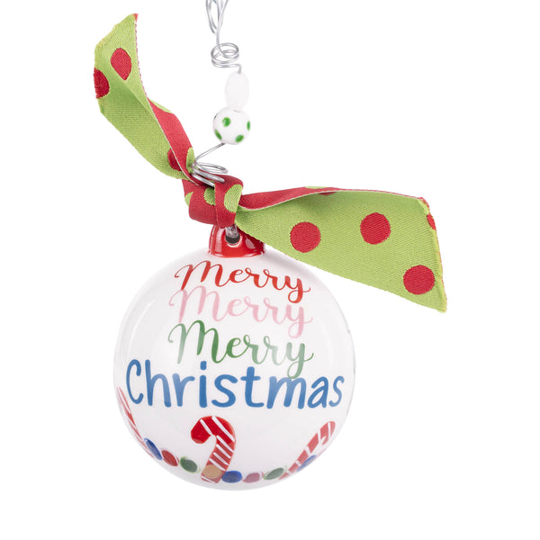 Christmas ornament with 'Merry Christmas' text and colorful design on a white background