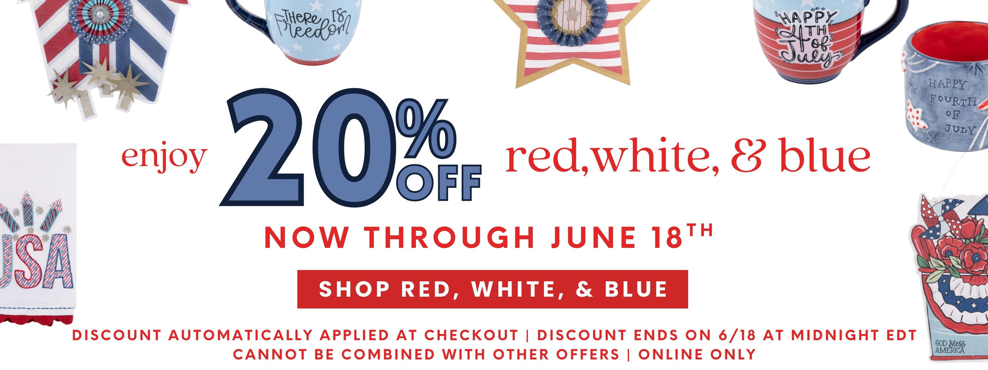 20% off red white and blue