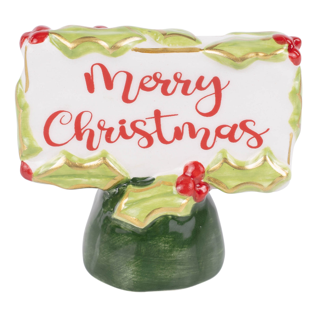 Decorative figurine with 'Merry Christmas' text and holly design on a white background