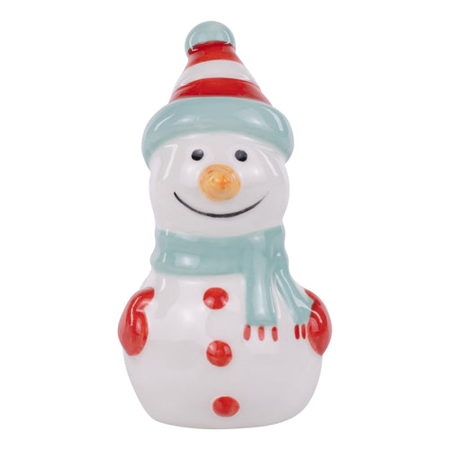 Colorful snowman figurine with a striped hat and red buttons on a white background