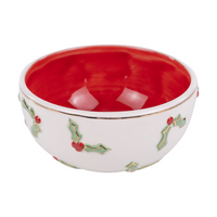 Decorative bowl with red interior and white exterior featuring holly designs.