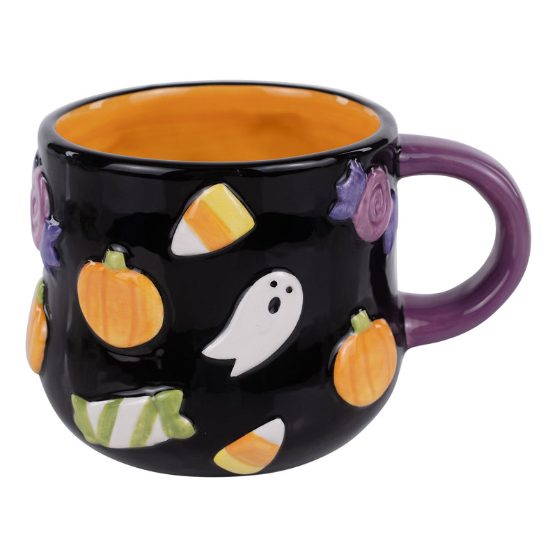 Black Halloween-themed mug with colorful decorations on a white background