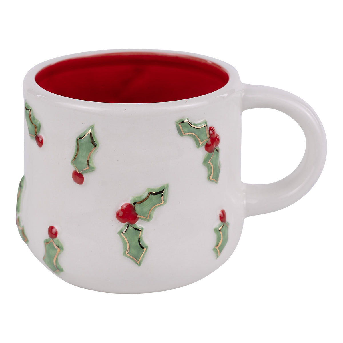 White mug with holly design and red interior on a white background