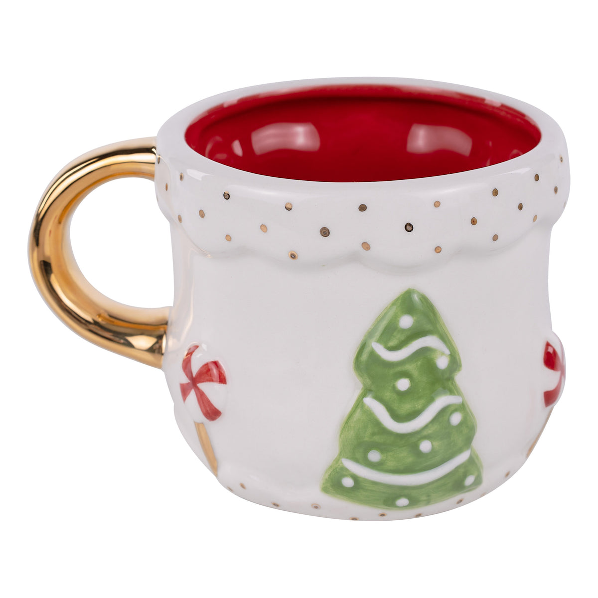 Decorative mug with a gold handle, red interior, and Christmas tree design on a white background