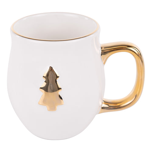 White mug with gold handle and decorative element on a white background