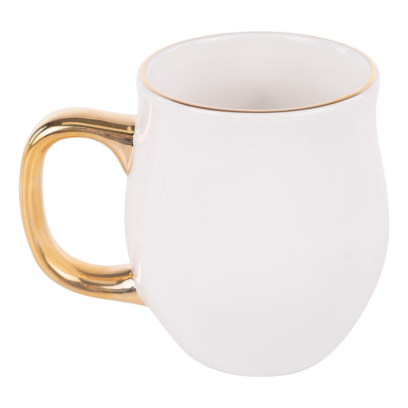 White mug with gold handle and rim on a white background
