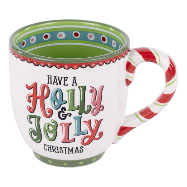Christmas-themed mug with candy cane handle and colorful text on a white background
