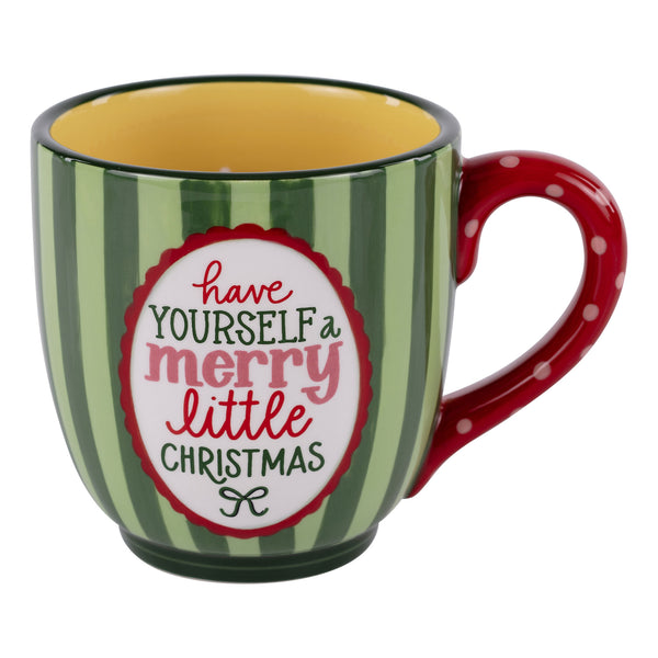 Green and red striped mug with 'have yourself a merry little Christmas' text on a white background