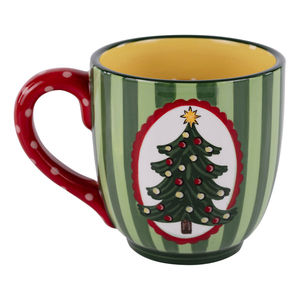 Green and red striped mug with a Christmas tree design on a white background