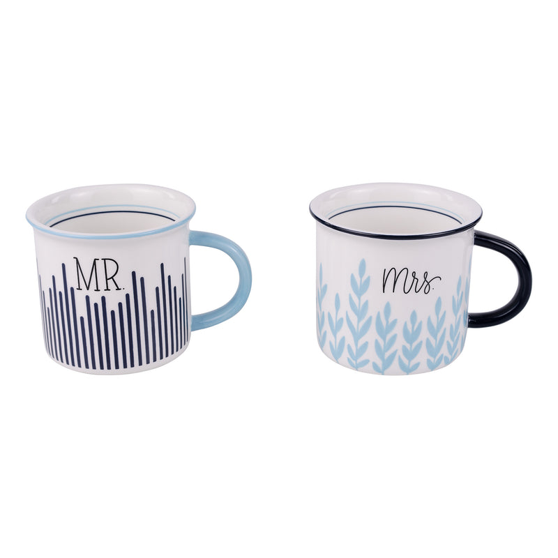 Two mugs labeled 'MR' and 'MRS' with decorative patterns on a white background