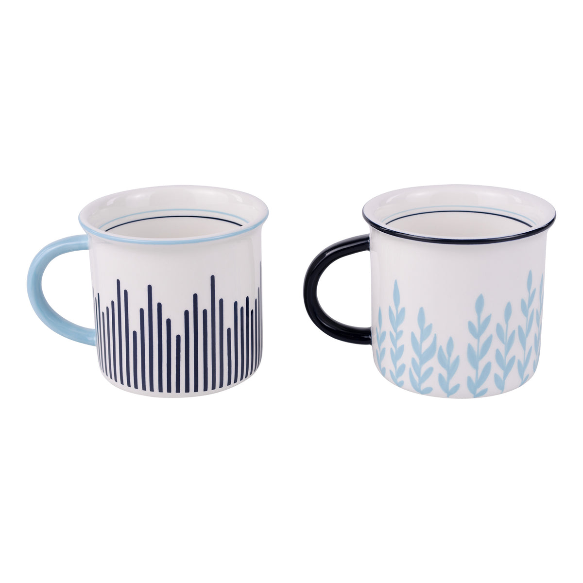 Two mugs with decorative patterns on a white background