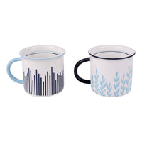 Two mugs with decorative patterns on a white background